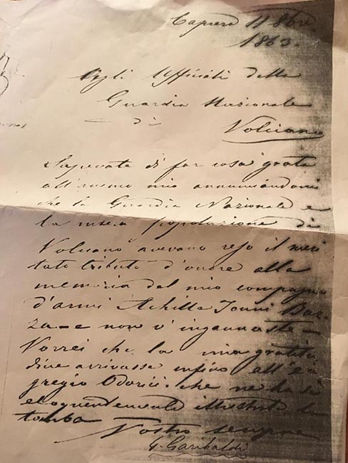 lettera di Garibaldi che commemora Tonni-Bazza